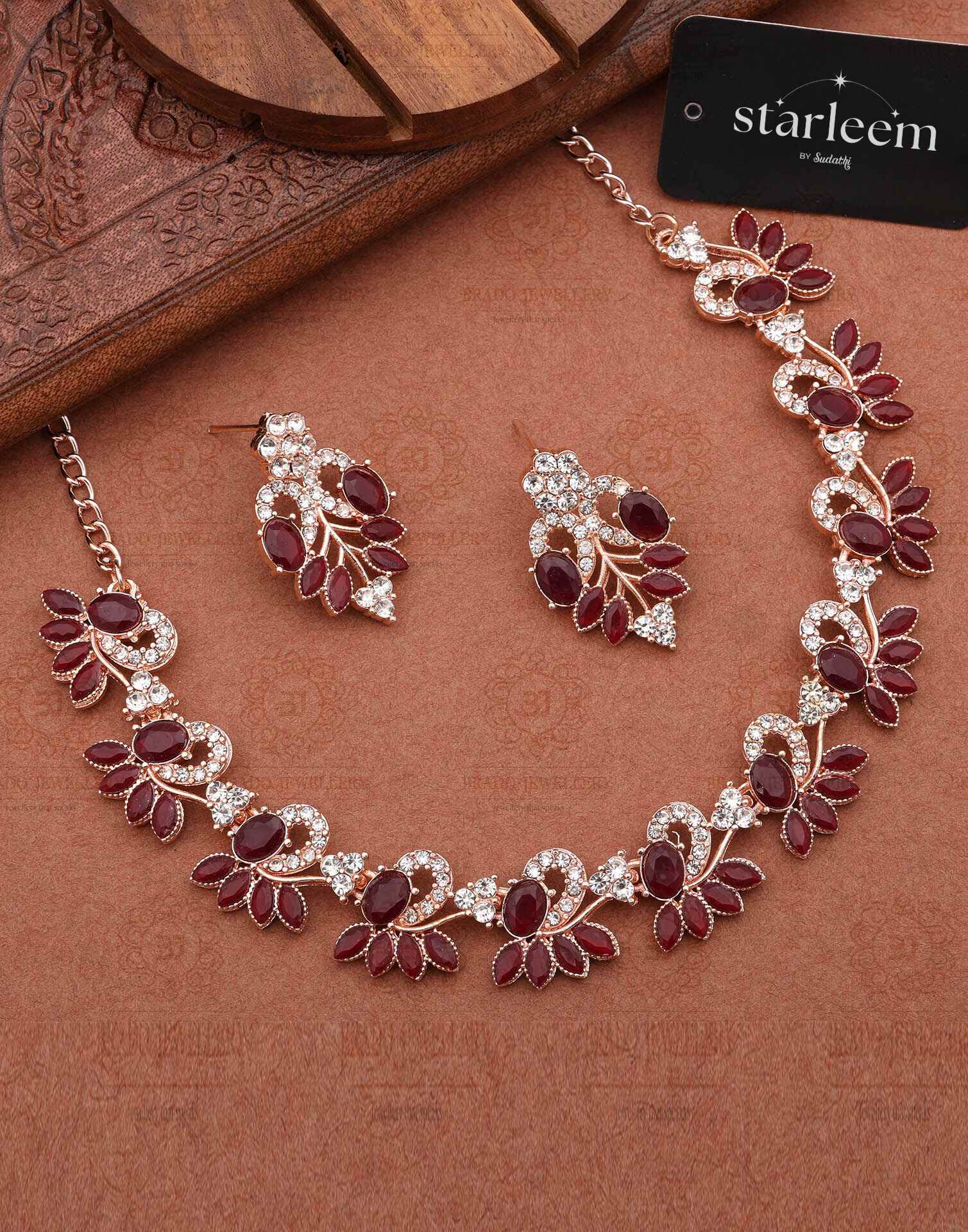 Maroon Rose Gold Choker Necklace Set With Dangle Earring