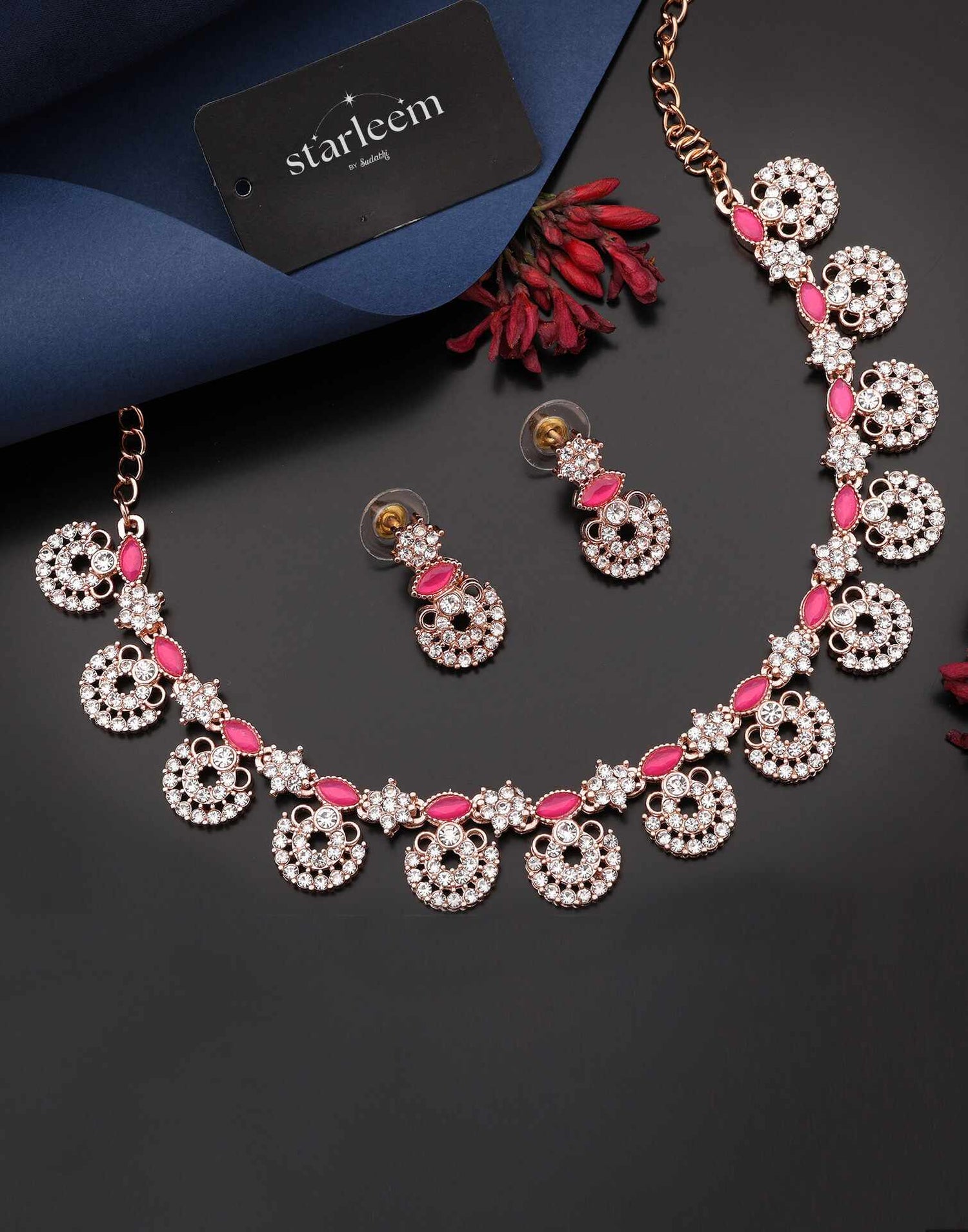 Pink Rose Gold Choker Necklace Set With Drop Earring