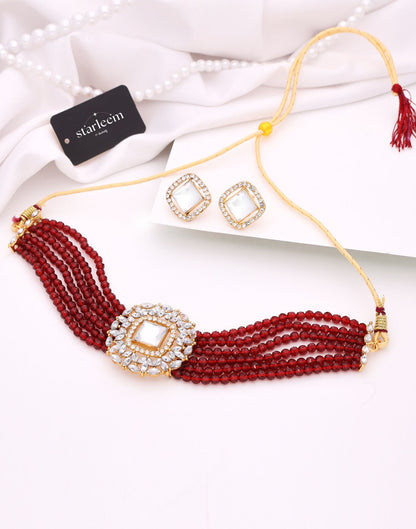 Maroon Gold Layered Necklace Necklace Set With Stud Earring