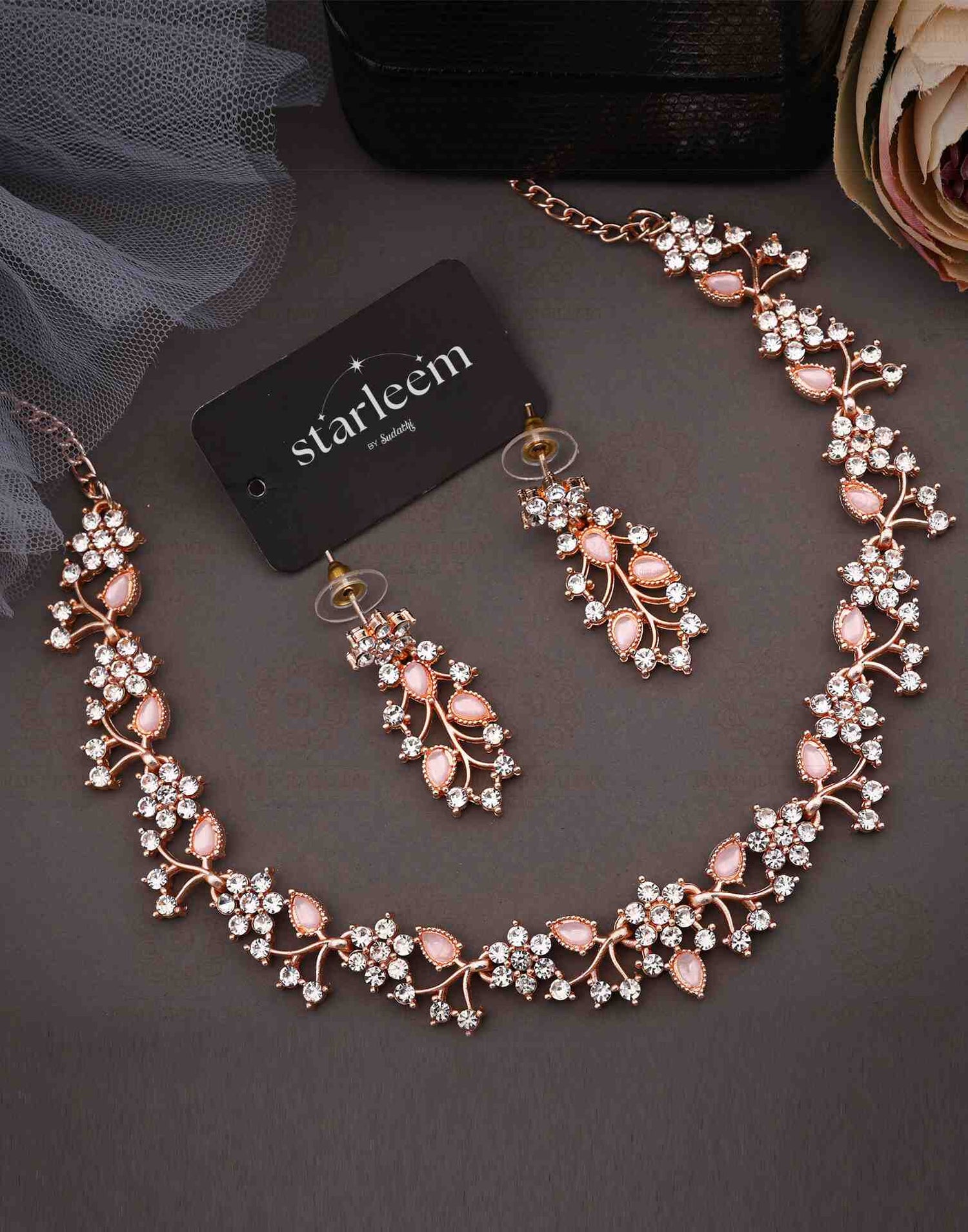 Pink Rose Gold Choker Necklace Set With Dangle Earring