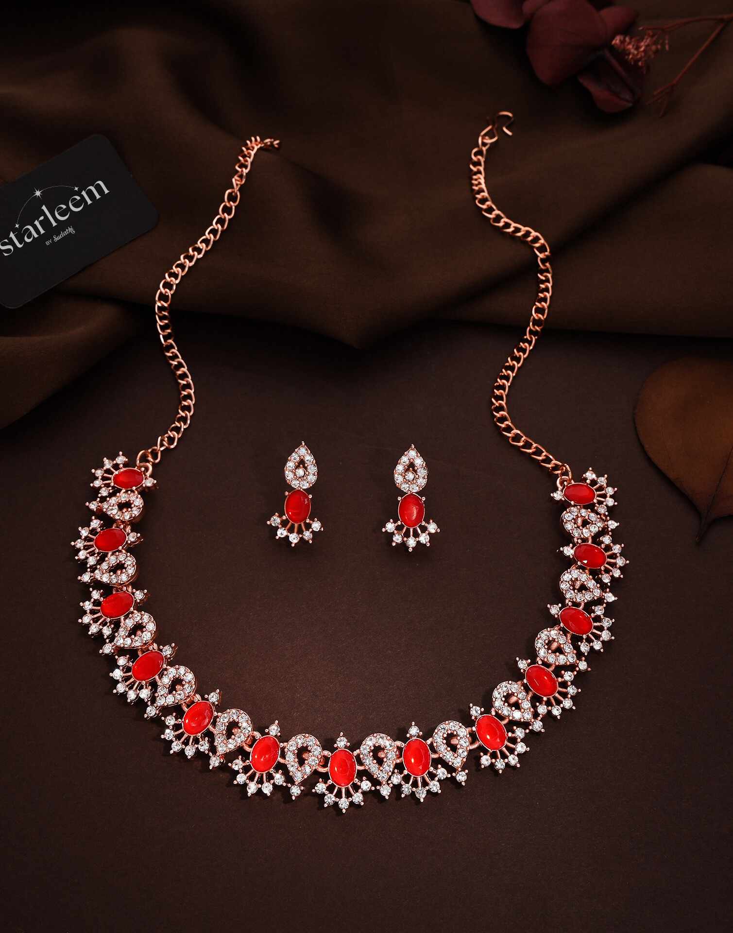 Red Rose Gold Choker Necklace Set With Stud Earring