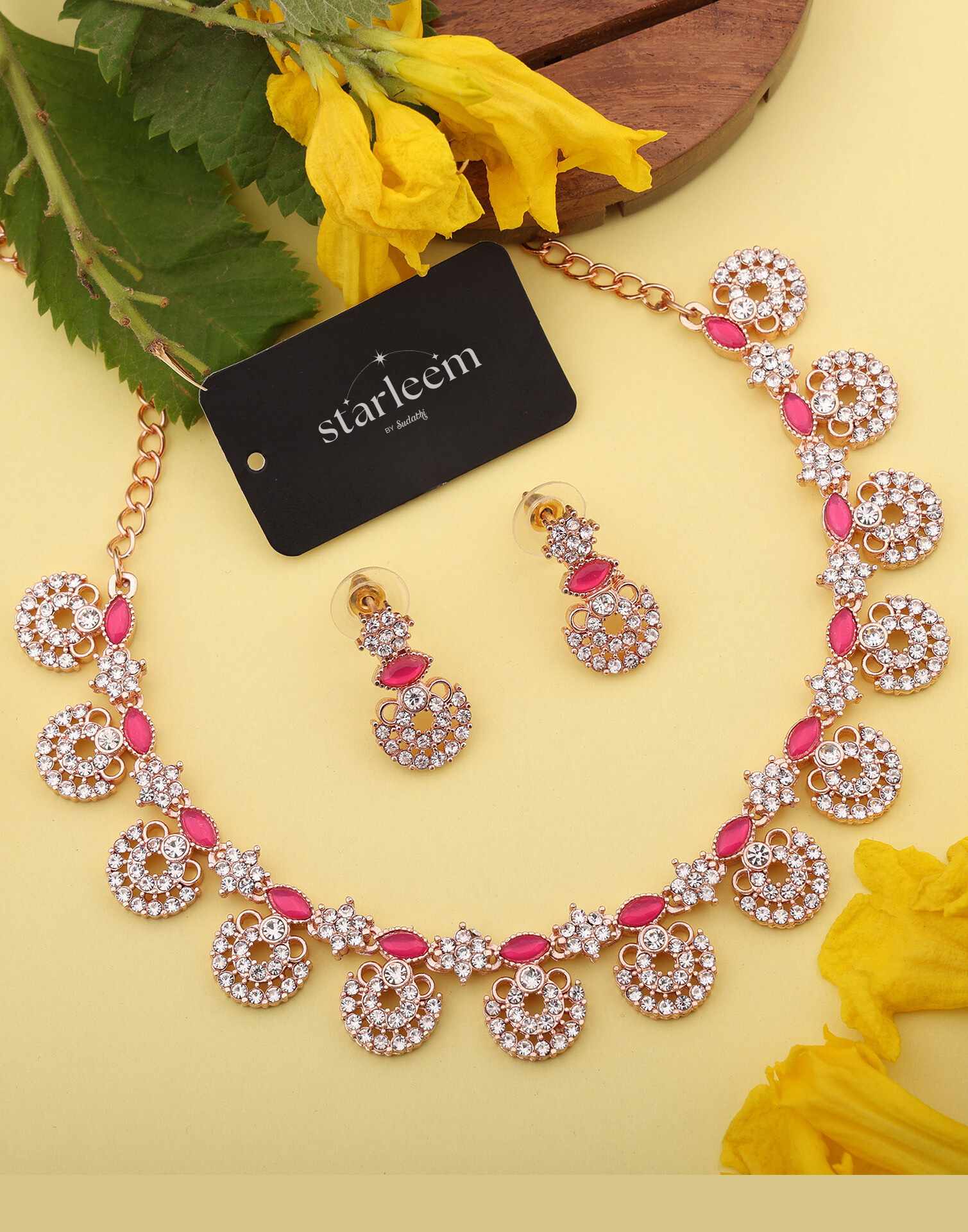 Pink Rose Gold Choker Necklace Set With Drop Earring