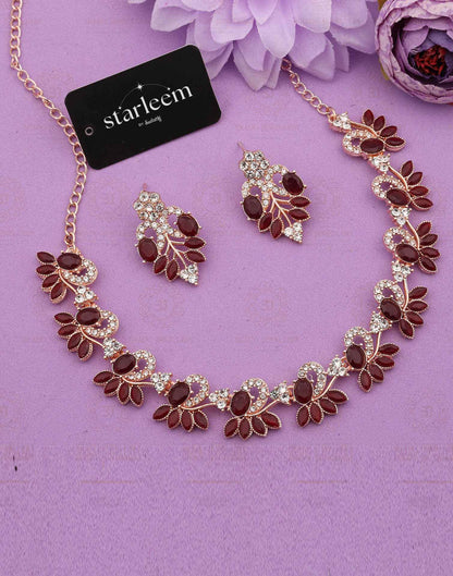 Maroon Rose Gold Choker Necklace Set With Dangle Earring