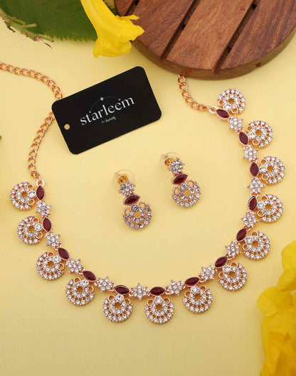 Maroon Rose Gold Choker Necklace Set With Drop Earring