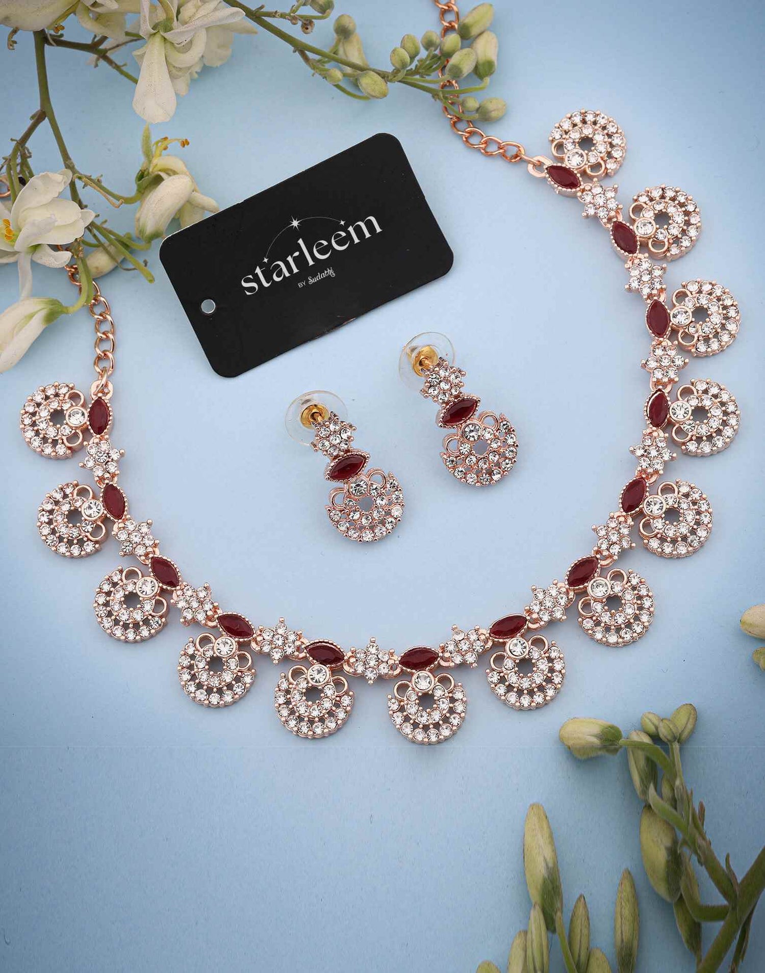 Maroon Rose Gold Choker Necklace Set With Drop Earring