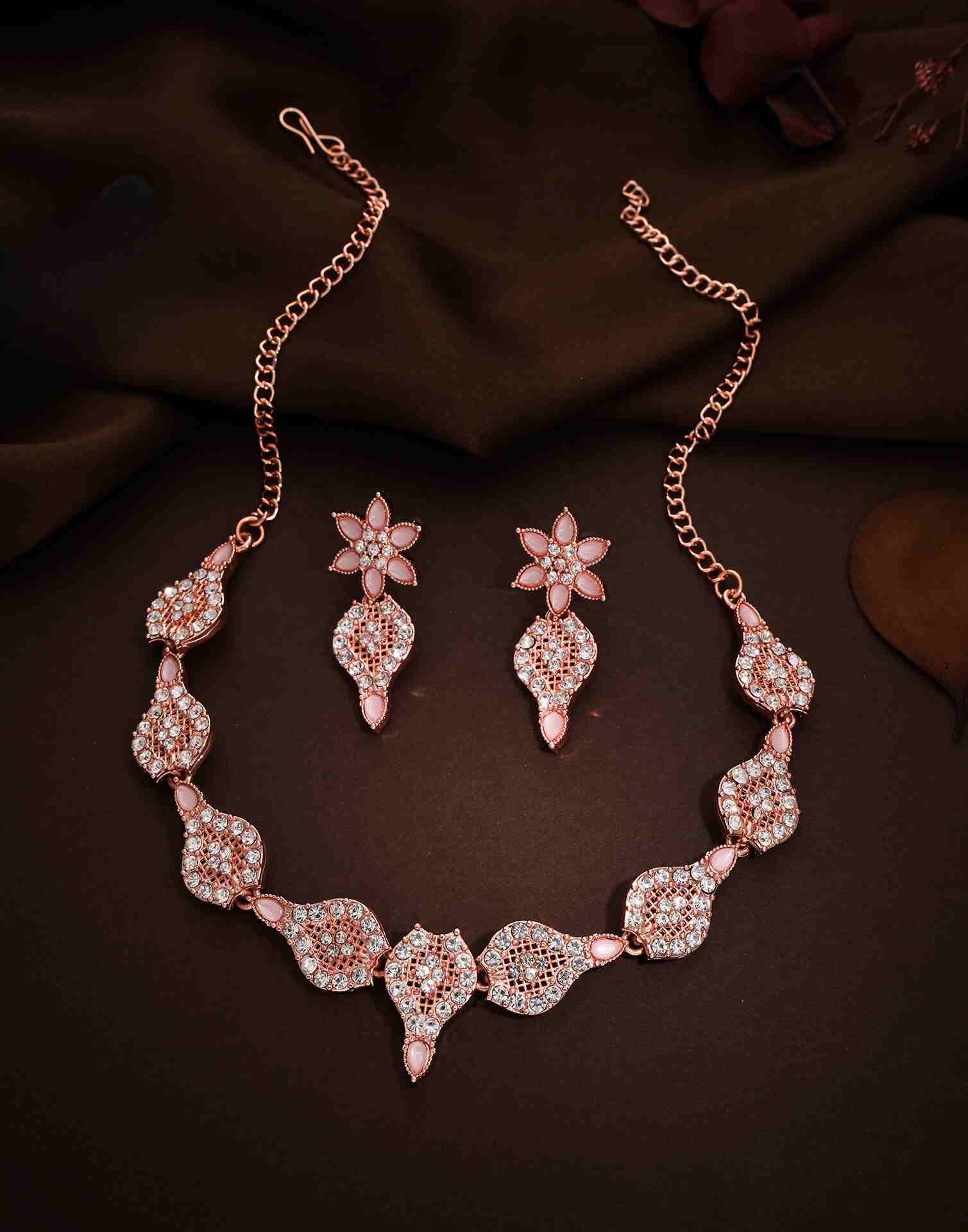 Pink Rose Gold Choker Necklace Set With Dangle Earring