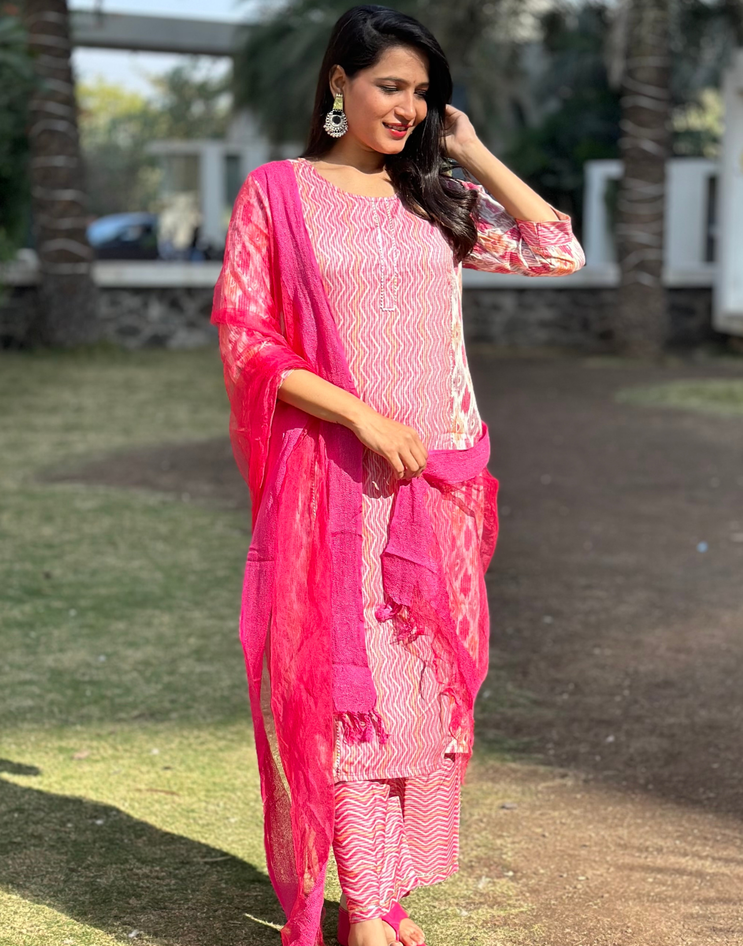 Pink Printed Rayon Straight Kurta With Pant And Dupatta