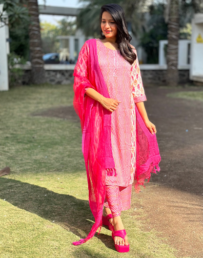 Pink Printed Rayon Straight Kurta With Pant And Dupatta