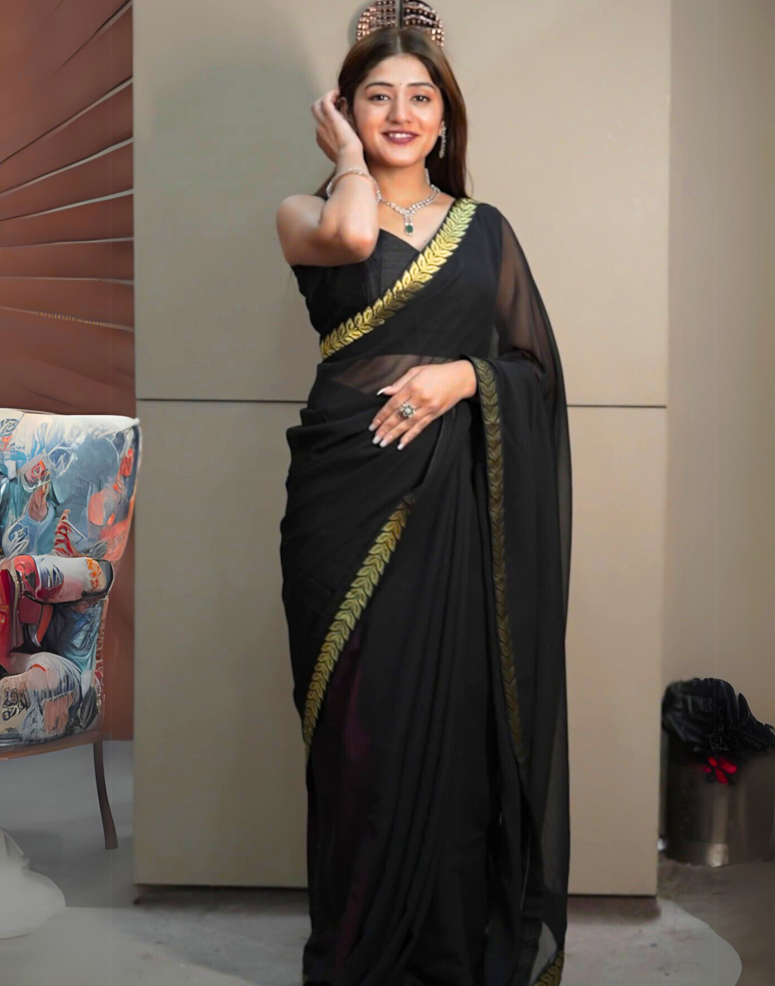 Black Plain Georgette Saree