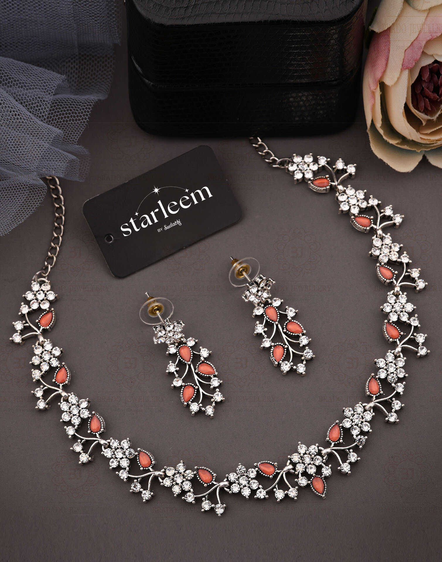 Orange Silver Choker Necklace Set With Dangle Earring