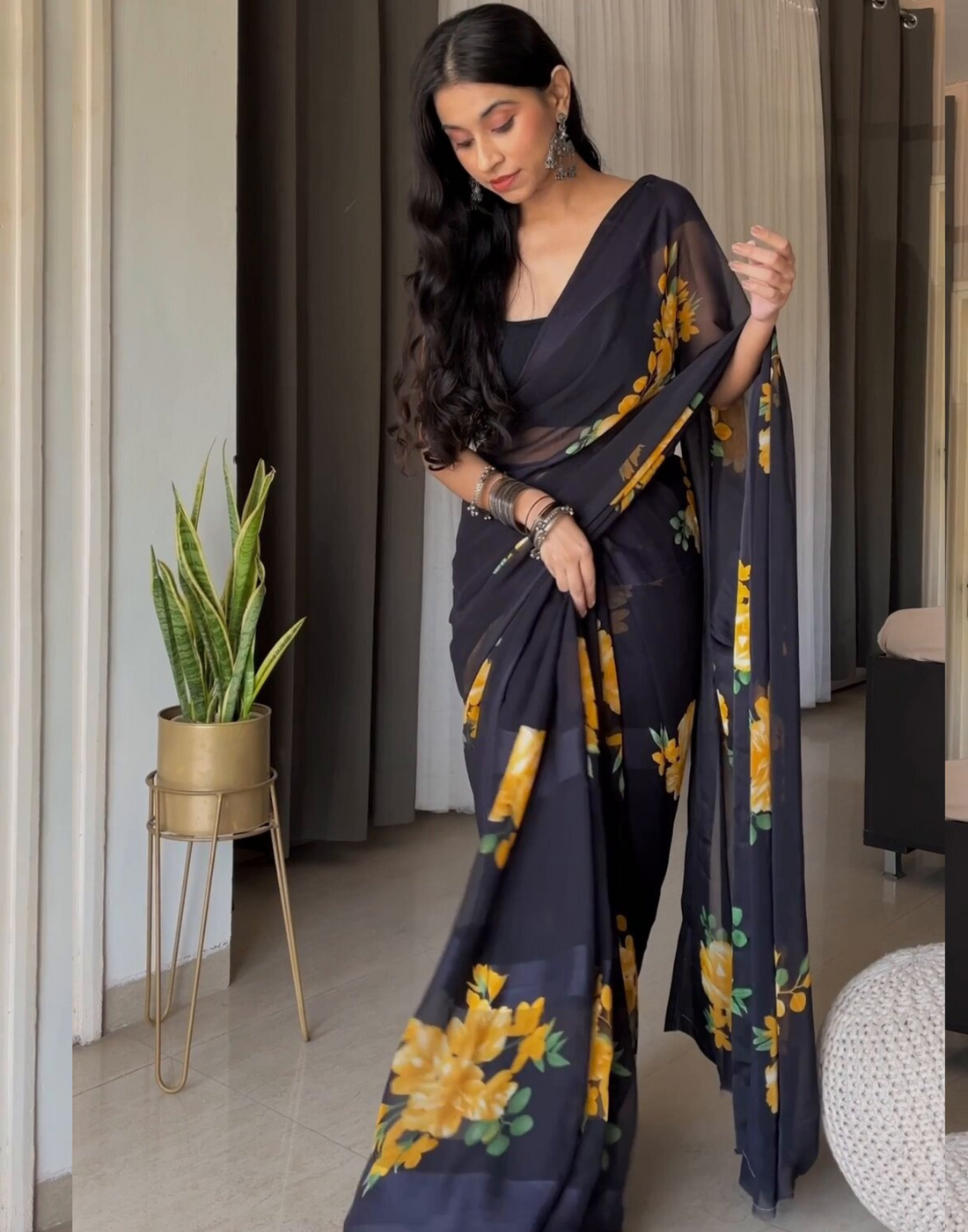 Black Printed Georgette Saree