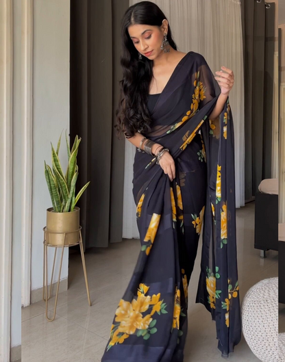 Black Printed Georgette Saree