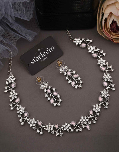 Pink Silver Choker Necklace Set With Dangle Earring