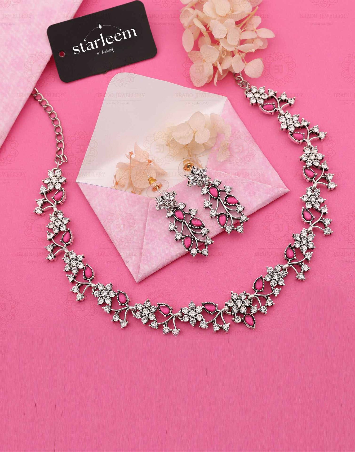 Pink Silver Choker Necklace Set With Dangle Earring