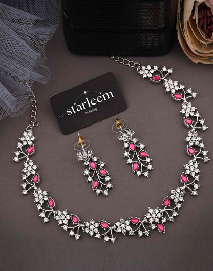 Pink Silver Choker Necklace Set With Dangle Earring