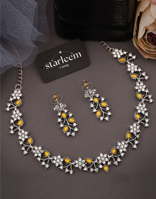 Yellow Silver Choker Necklace Set With Dangle Earring