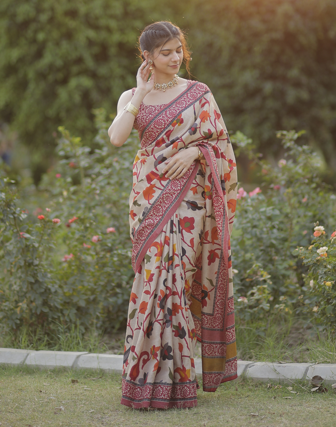 Beige Floral Printed Silk Saree