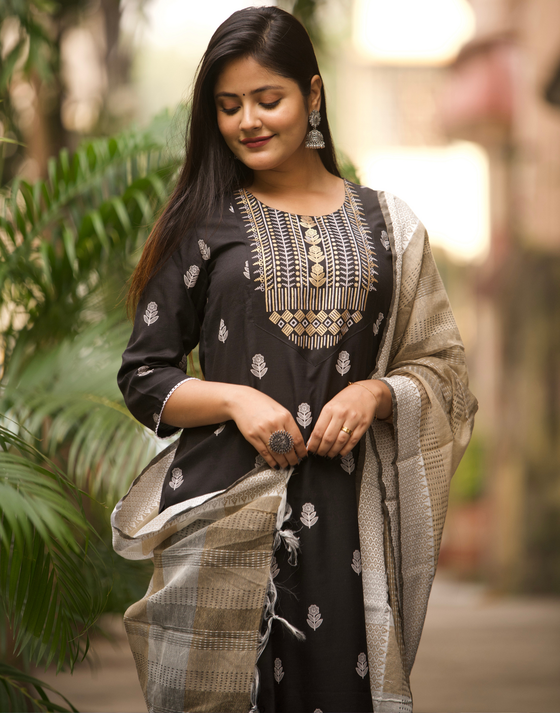 Black Printed Cotton Straight kurta With Pant And Dupatta