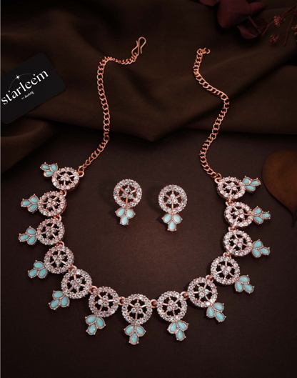 Blue Rose Gold Choker Necklace Set With Stud Earring