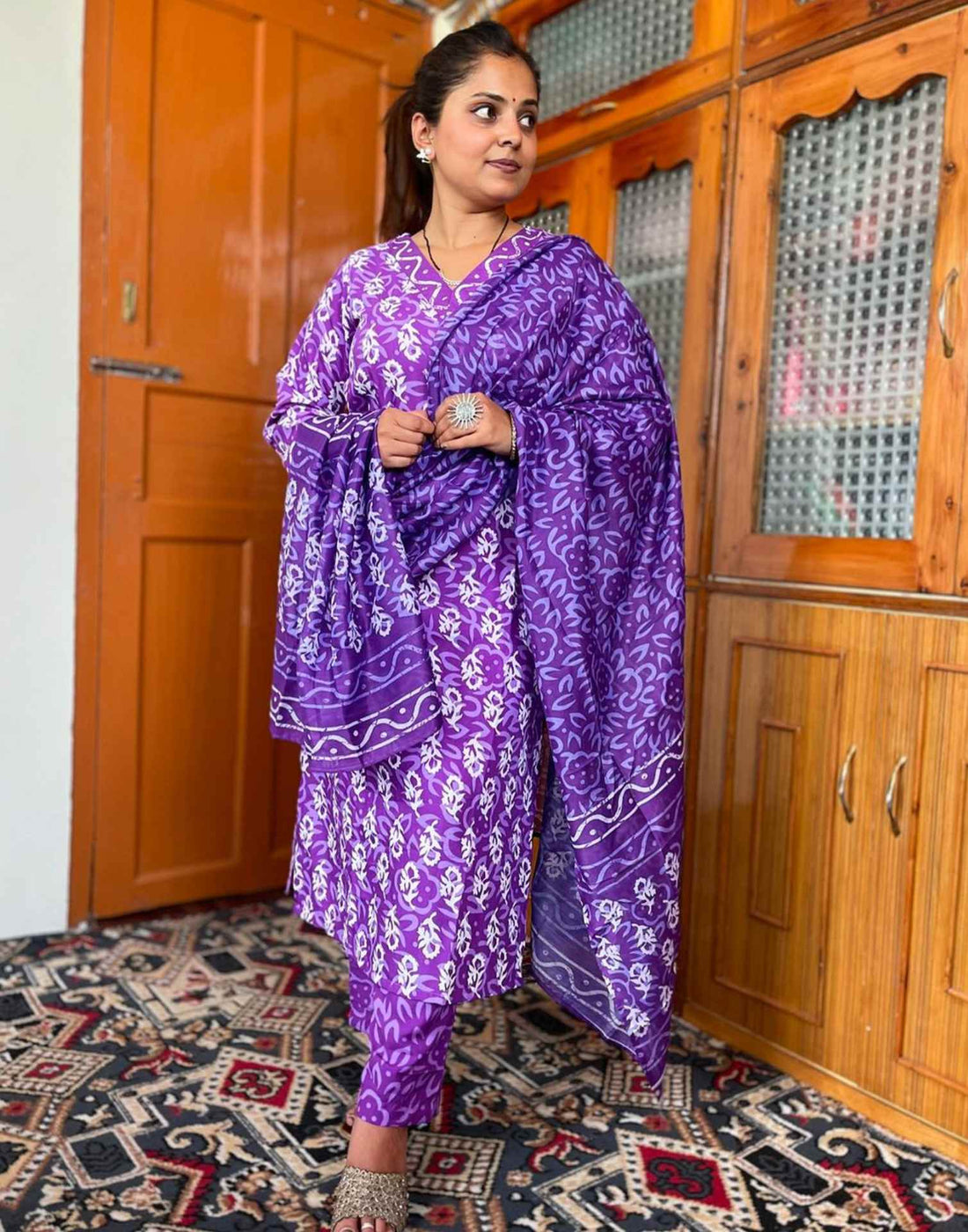 Purple Printed Rayon Straight Kurta Set With Dupatta