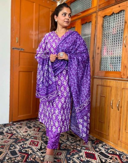 Purple Printed Rayon Straight Kurta Set With Dupatta