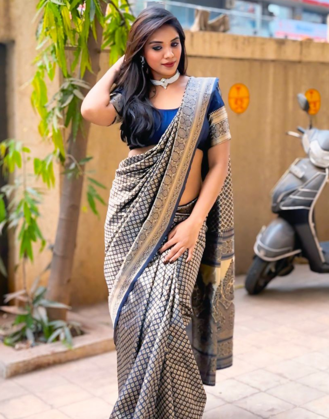 Navy Blue Silk Woven Banarasi Saree