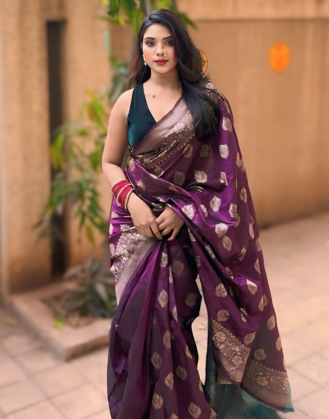 Purple Silk Blend Woven Banarasi Saree