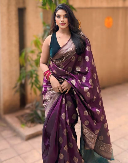 Purple Silk Blend Woven Banarasi Saree