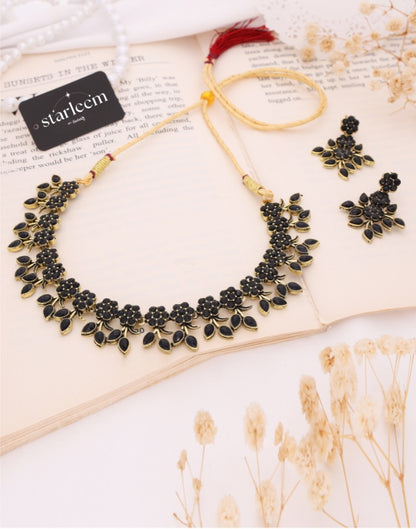 Black Gold Choker Necklace Set With Dangle Earring