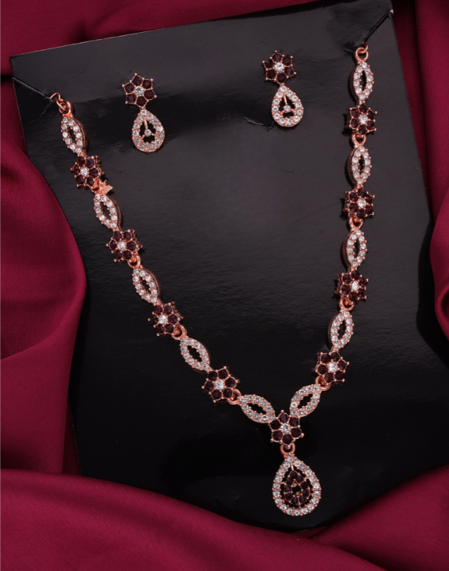 Maroon Rose Gold Choker Necklace Set With Stud Earring