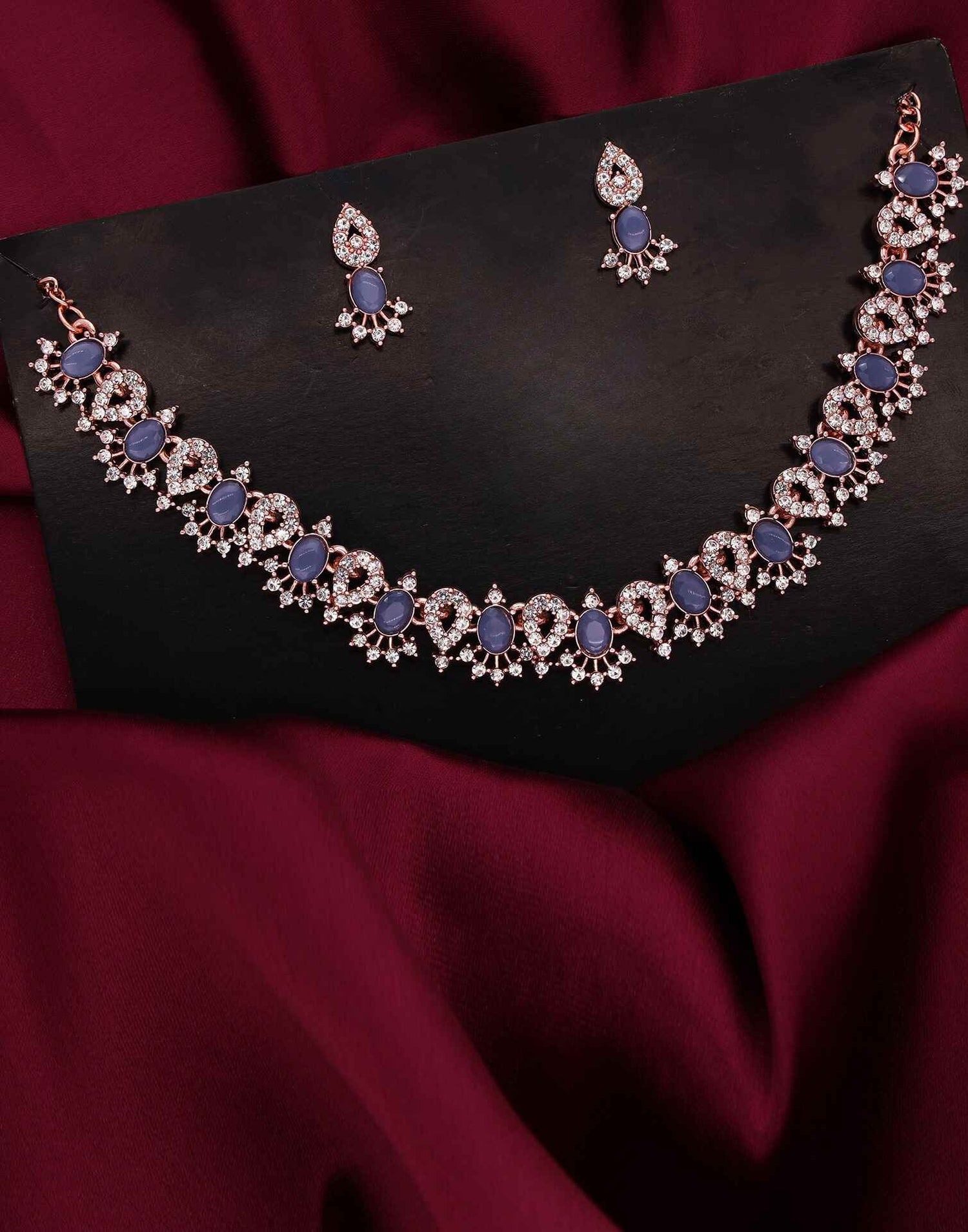 Blue Rose Gold Choker Necklace Set With Stud Earring