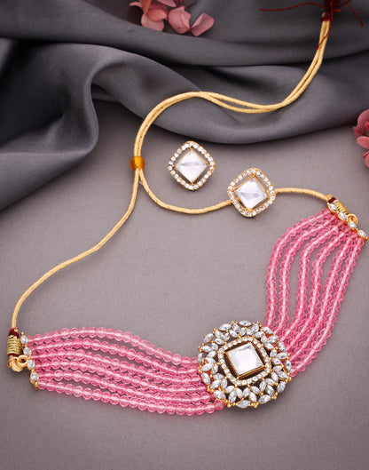 Pink Gold Layered Necklace Necklace Set With Stud Earring