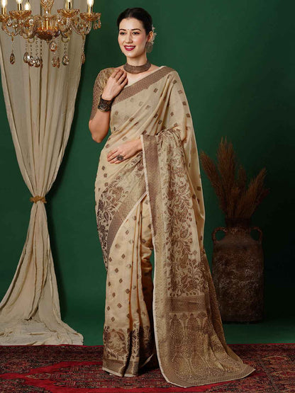 Golden &amp; Beige Cotton Saree