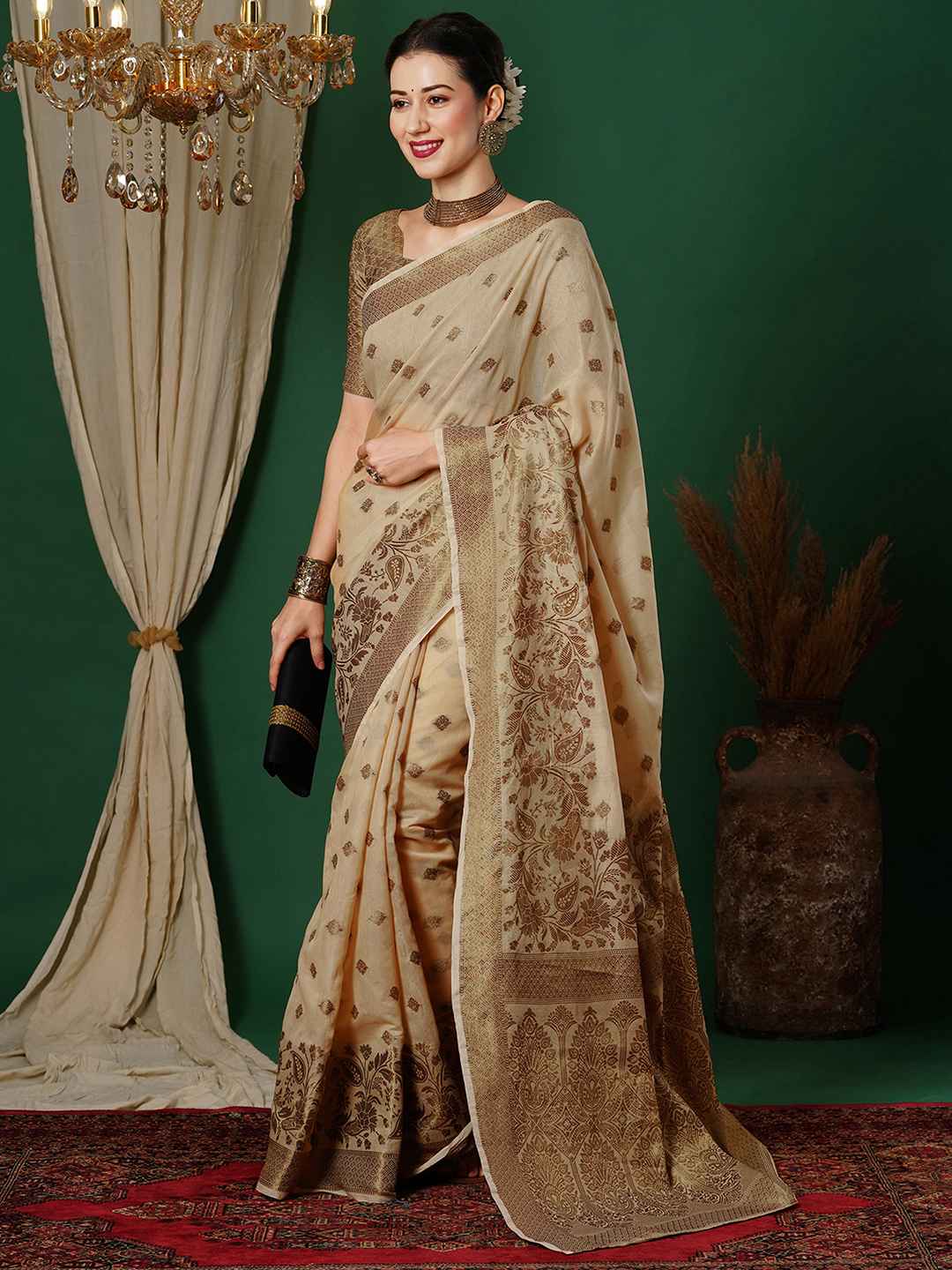 Golden &amp; Beige Cotton Saree