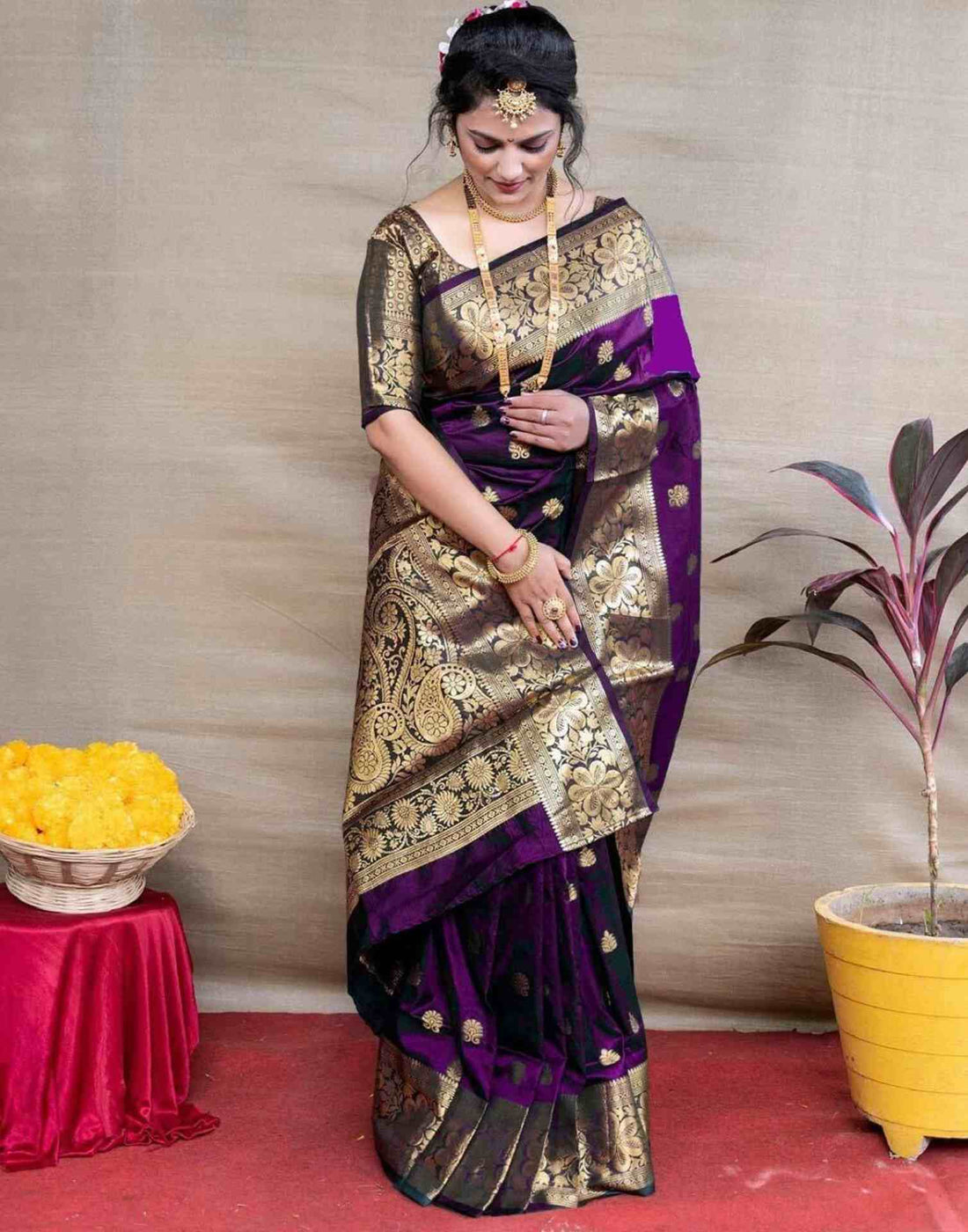 Wine Silk Woven Banarasi Saree