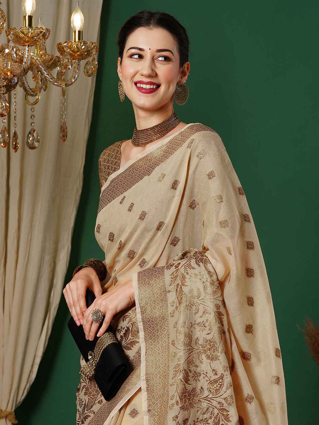 Golden &amp; Beige Cotton Saree