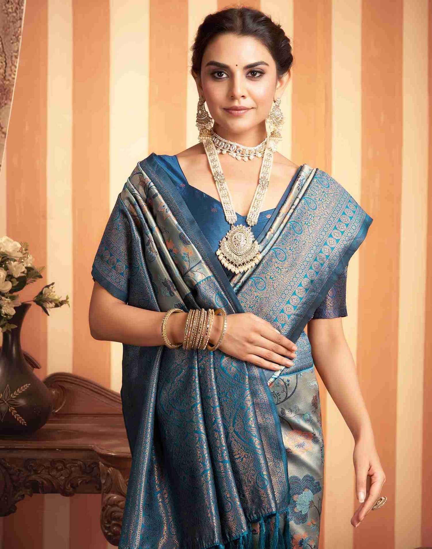 Rama Blue Silk Woven Kanjivaram Saree