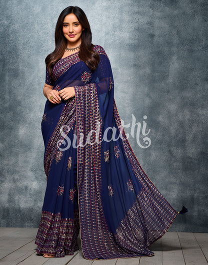 Navy Blue Coloured Georgette Foil And Pigment Printed Partywear Saree