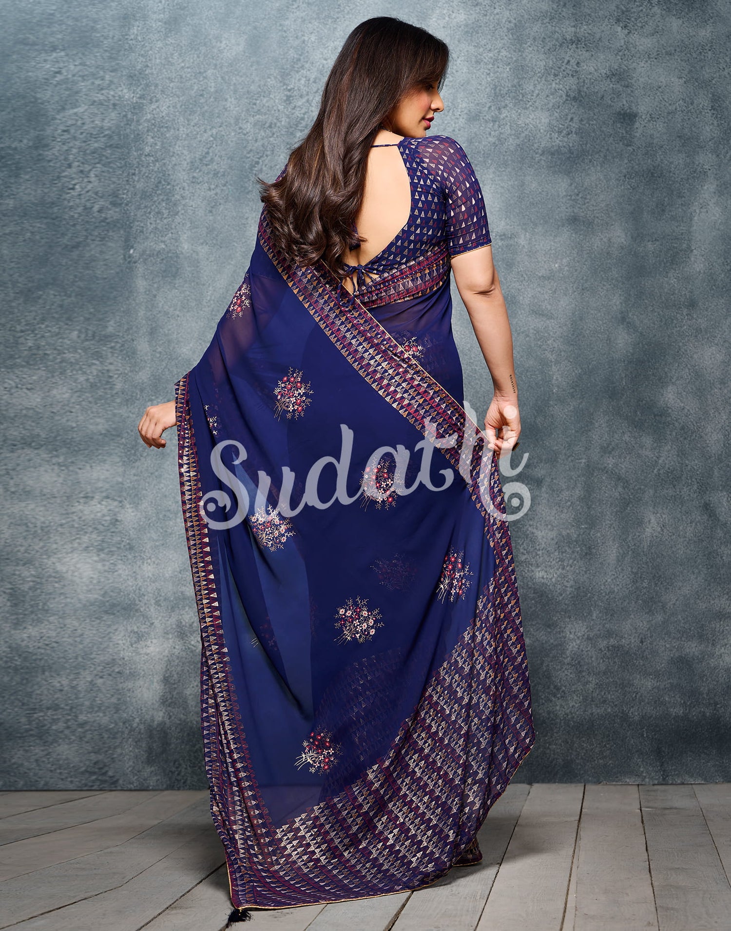 Navy Blue Coloured Georgette Foil And Pigment Printed Partywear Saree