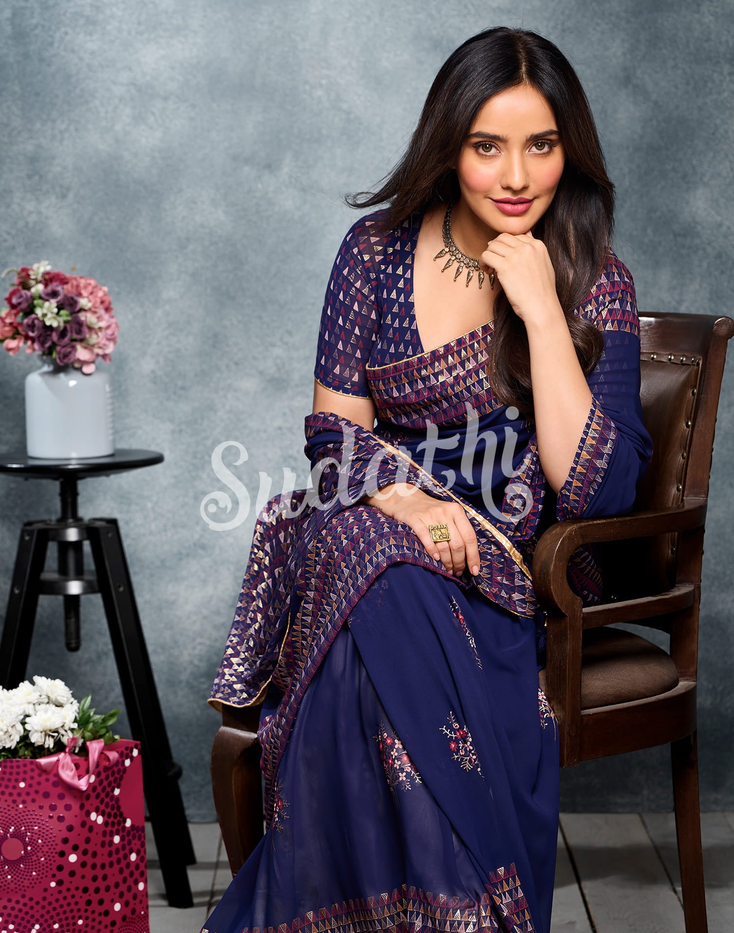 Navy Blue Coloured Georgette Foil And Pigment Printed Partywear Saree