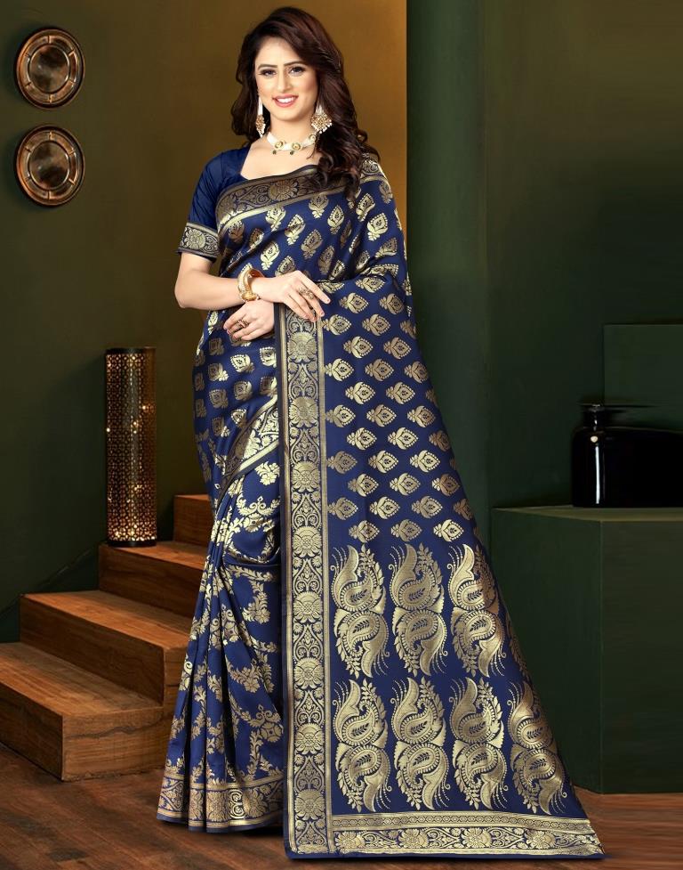 Navy Blue Jacquard Banarasi Silk Saree