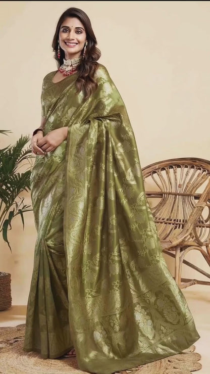 Olive Green Floral Banarasi Silk Saree