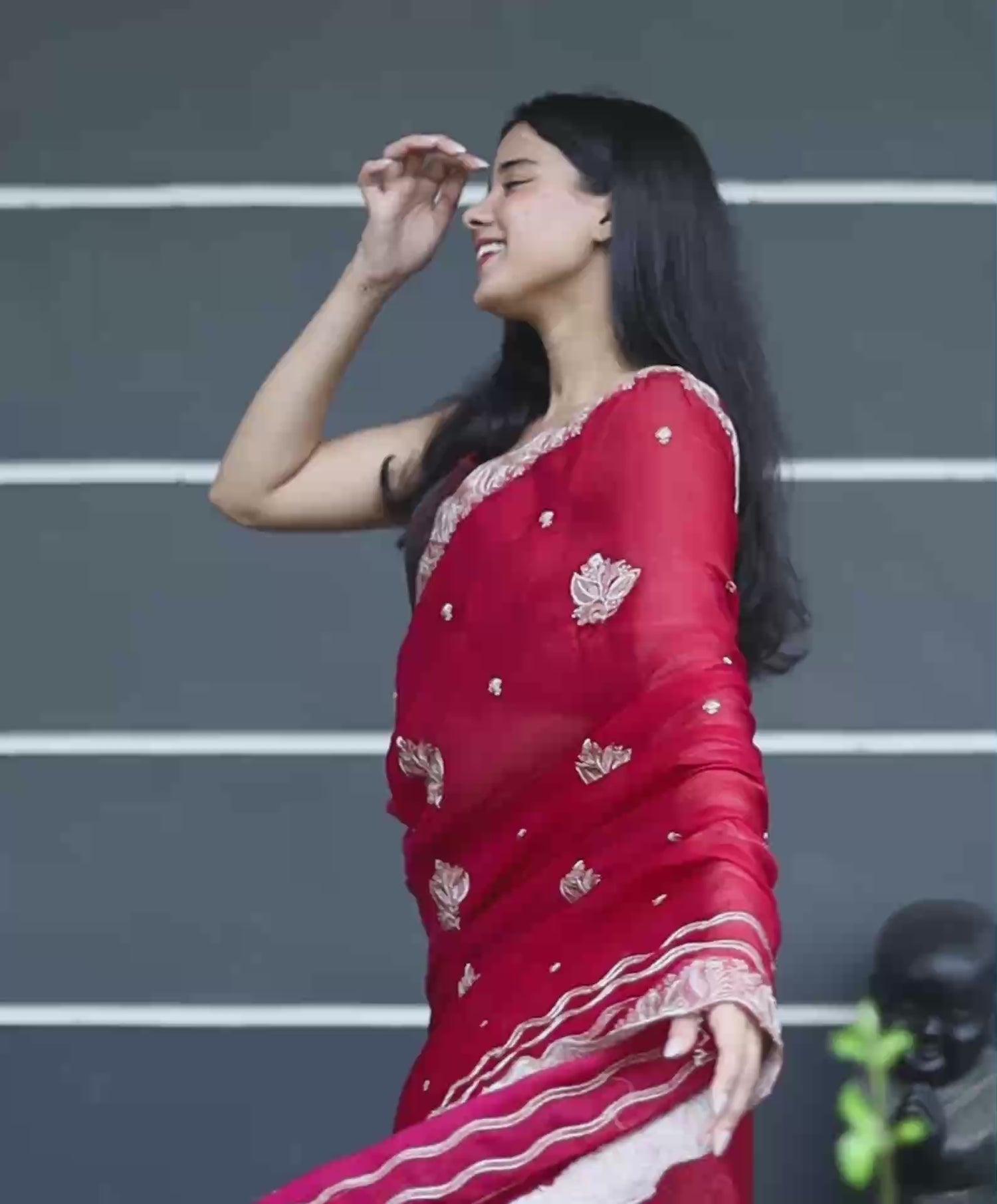 Mouni Roy Crimson Rose Zari Embroidery Saree