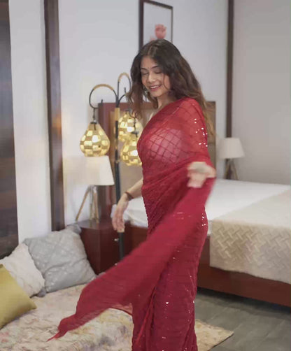 Ready To Wear Red Georgette Sequence Work Saree