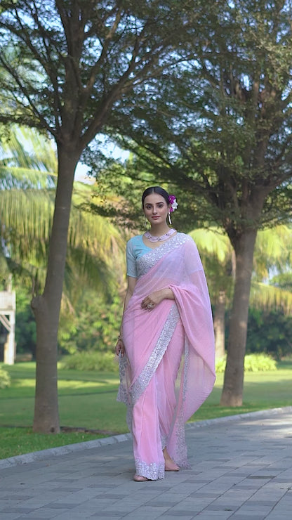 Light Pink Georgette Embroidery Saree