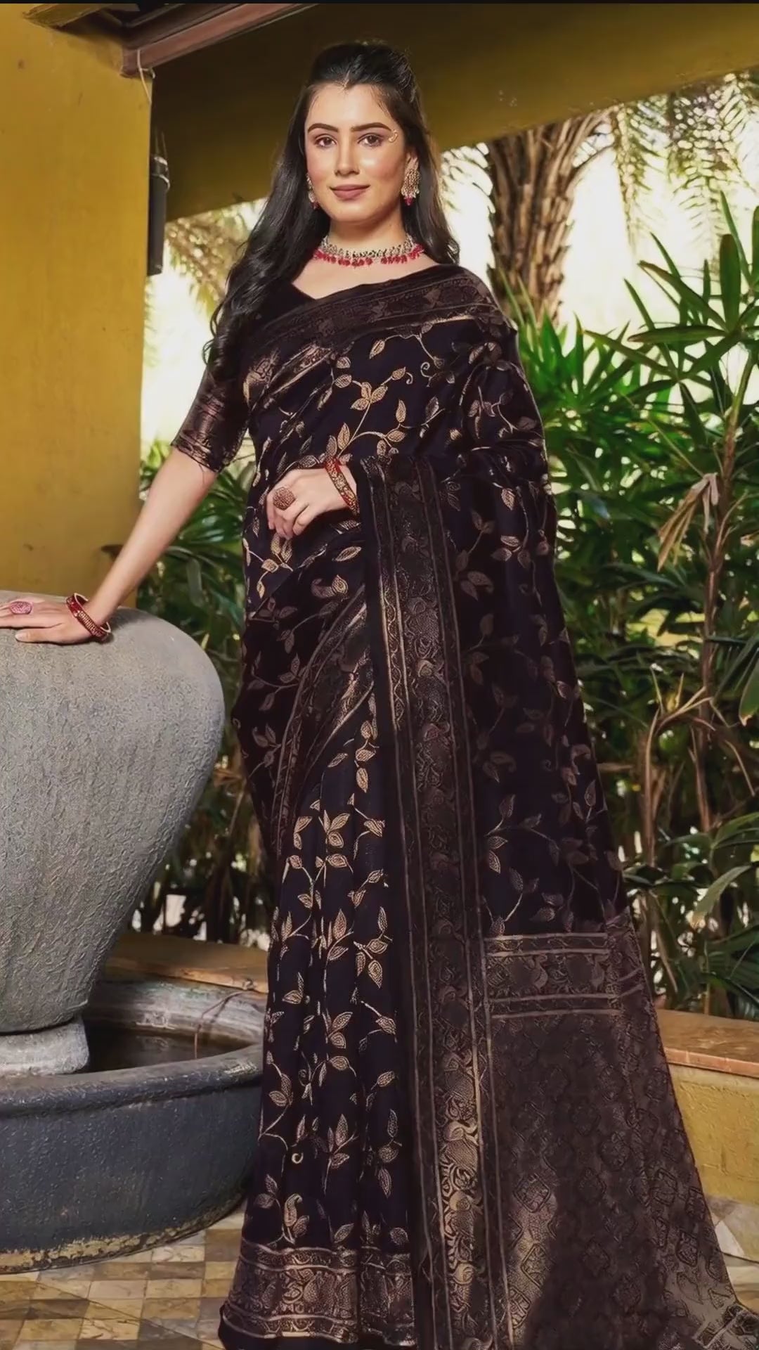 Black Floral Banarasi Silk Saree