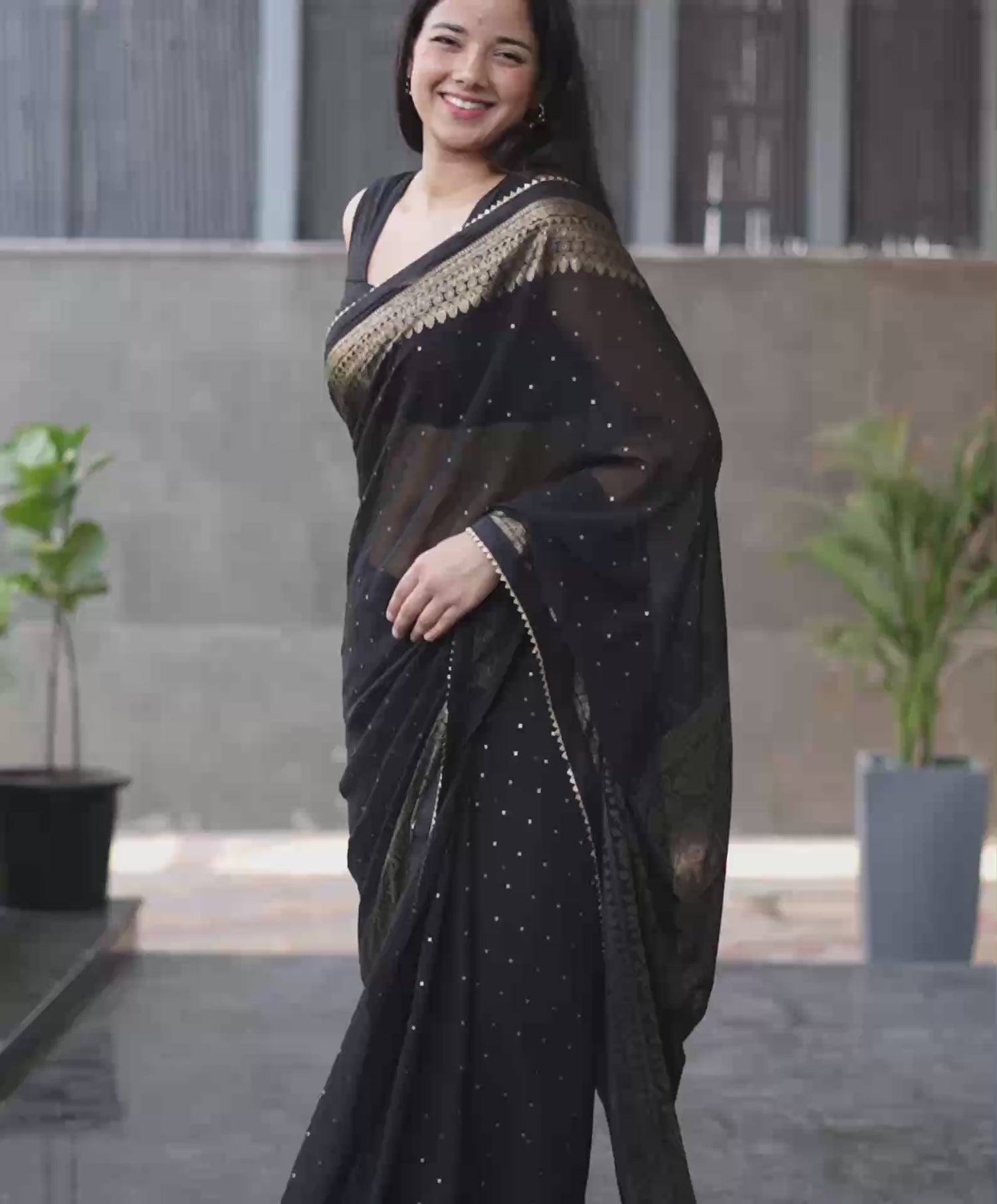 Black Georgette Foil Printed Saree