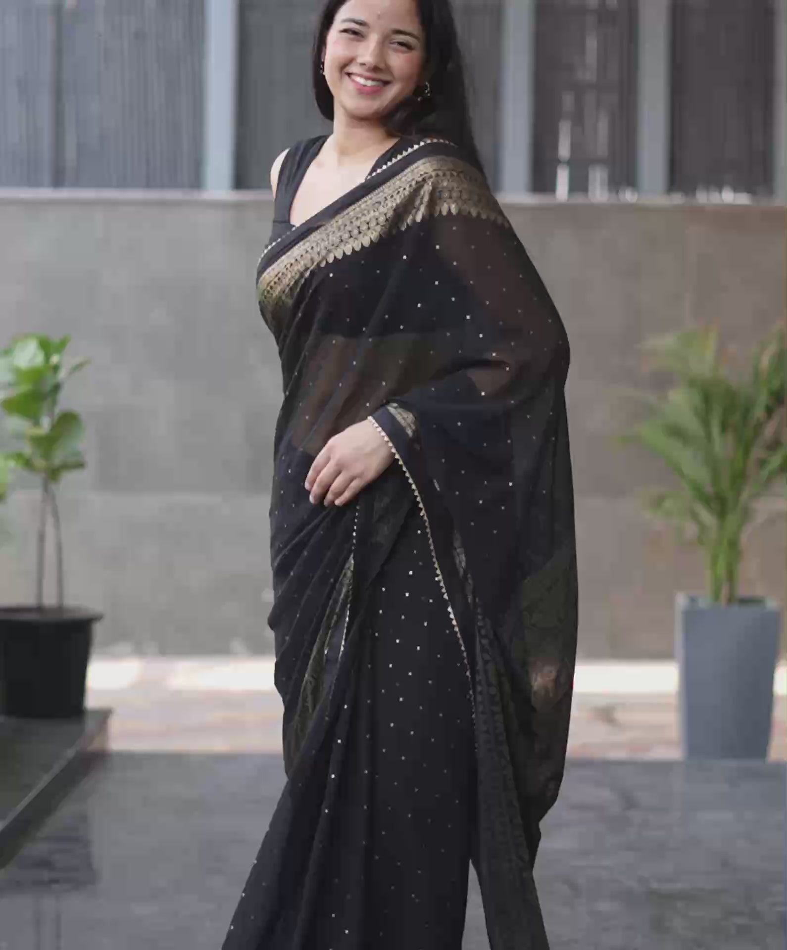Black Georgette Foil Printed Saree