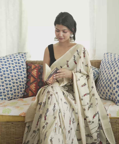 Off White Silk Warli Printed Saree