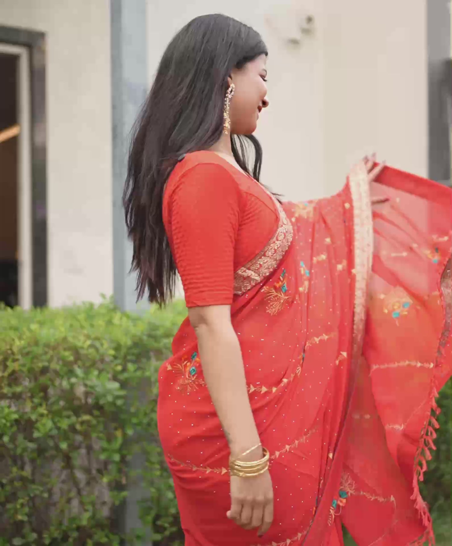 Red Georgette Stone Work Swarovski Saree